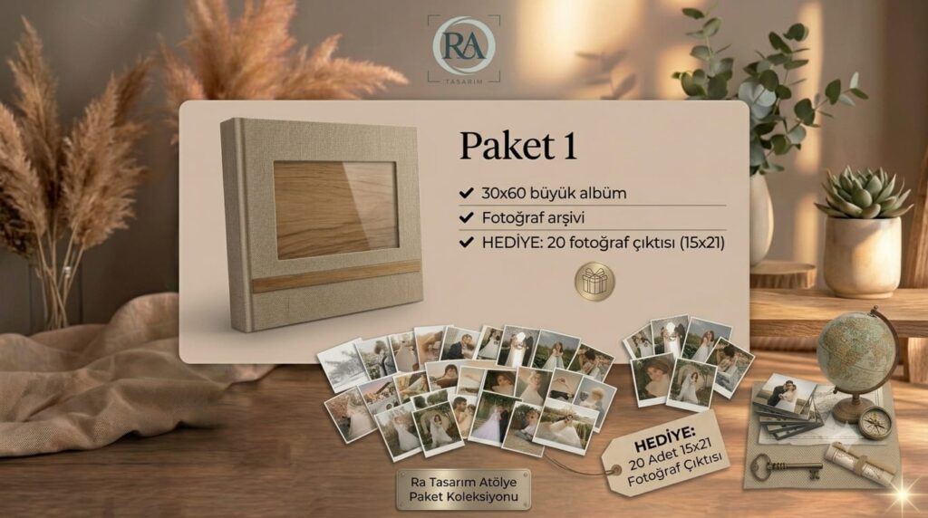 Ra Tasarım Paket 1 albüm seti - 30x60 büyük albüm, fotoğraf arşivi ve hediye 20 adet 15x21 fotoğraf çıktısı