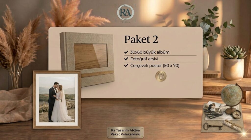 Ra Tasarım Paket 2 albüm seti - 30x60 büyük albüm, fotoğraf arşivi ve hediye çerçeveli 50x70 poster