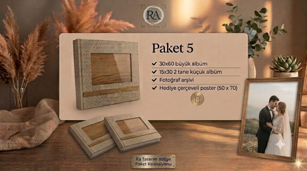 Ra Tasarım Paket 5 albüm seti - 30x60 büyük albüm, 2 adet 15x30 küçük albüm, fotoğraf arşivi ve hediye çerçeveli 50x70 poster