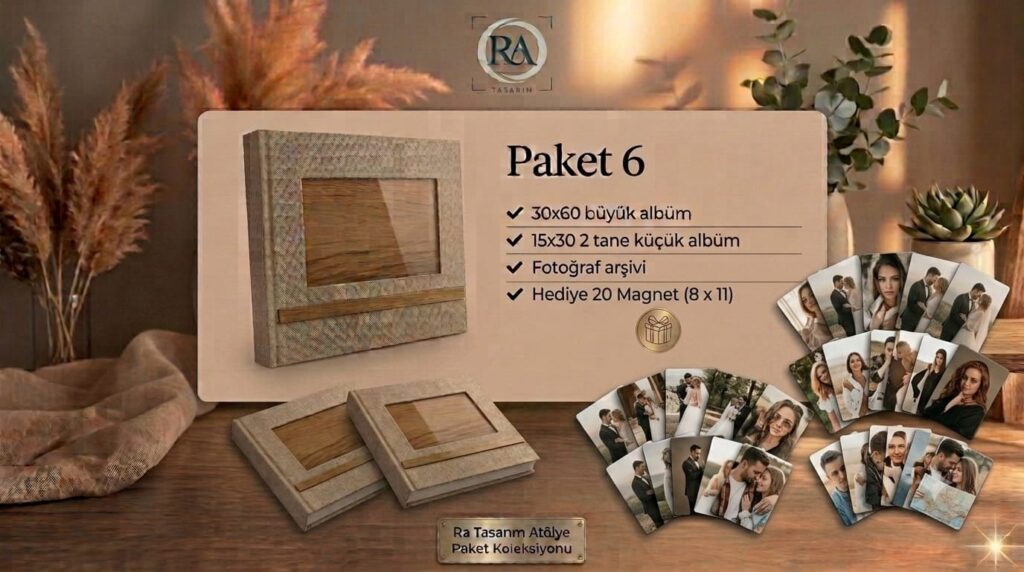 Ra Tasarım Paket 6 albüm seti - 30x60 büyük albüm, 2 adet 15x30 küçük albüm, fotoğraf arşivi ve hediye 20 adet 8x11 magnet