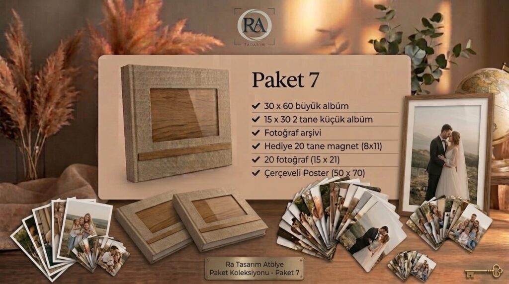 Ra Tasarım Paket 7 albüm seti - 30x60 büyük albüm, 2 adet 15x30 küçük albüm, fotoğraf arşivi, 20 adet 15x21 fotoğraf çıktısı, çerçeveli 50x70 poster ve 20 adet 8x11 magnet